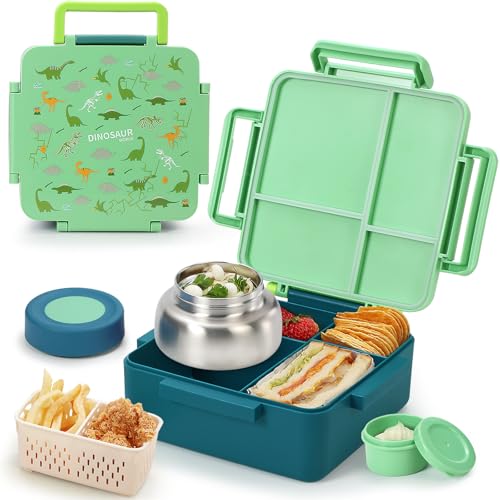 Bento Box for Kids with Thermos, [Large Capacity] Insulated Kids Lunch Box with 4 Compartment for Ages 3+, Drop-Proof & Dishwasher Safe Lunchbox Container Green