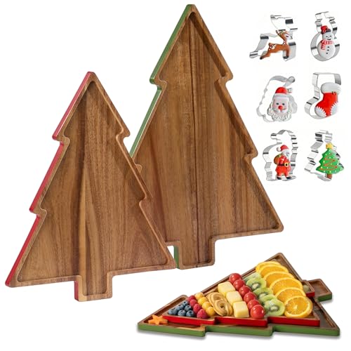 Christmas Charcuterie Board, Acaia Wooden Cutting Boards for Kitchen Decor, 2 Pack Christmas Tree Platters for Cheese Snacks Fruit Dessert Candy, Holiday Decorative Serving Tray with Gift Box