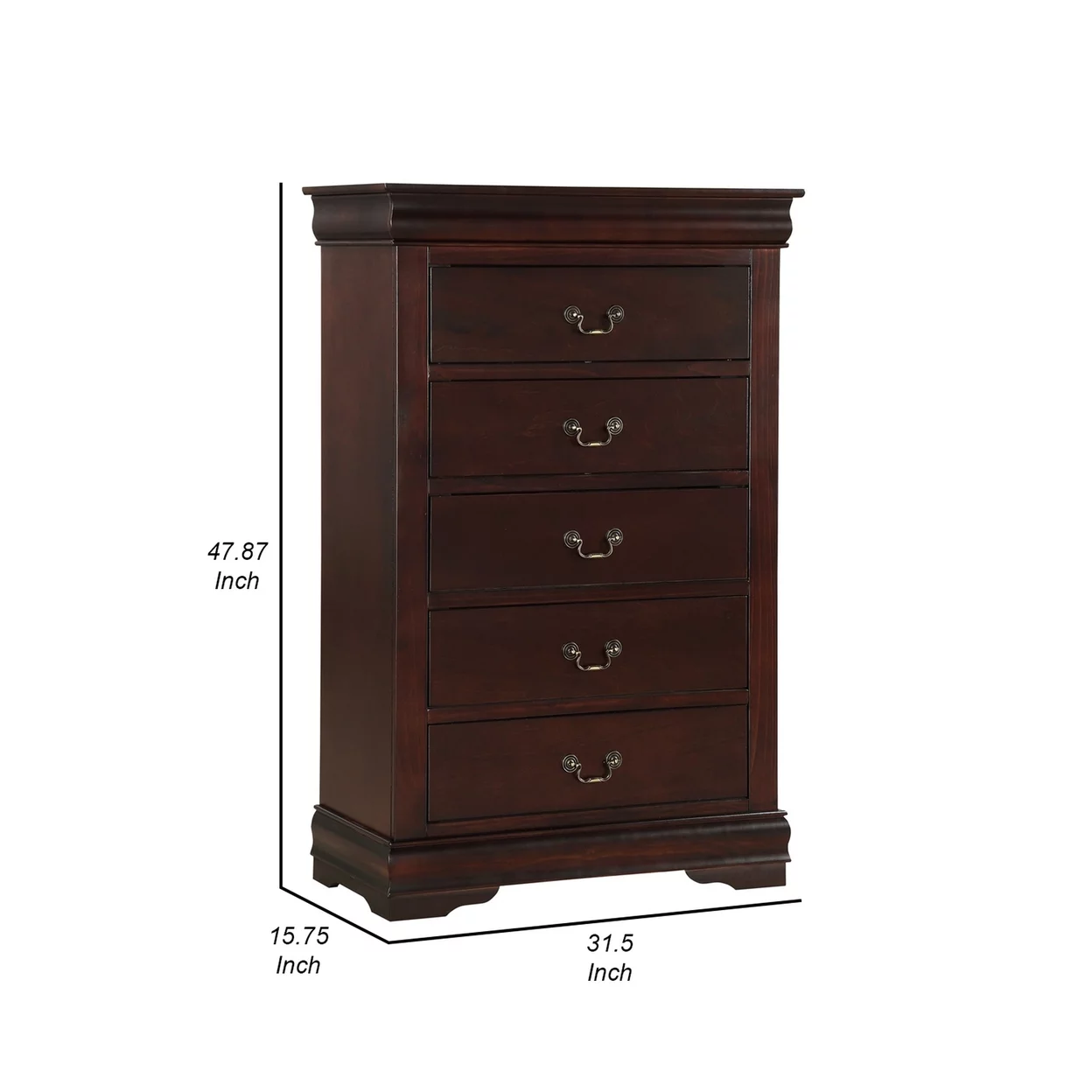 Ryla 48 Inch Tall Dresser Chest, 5 Drawers, Metal Handles, Solid Brown Wood