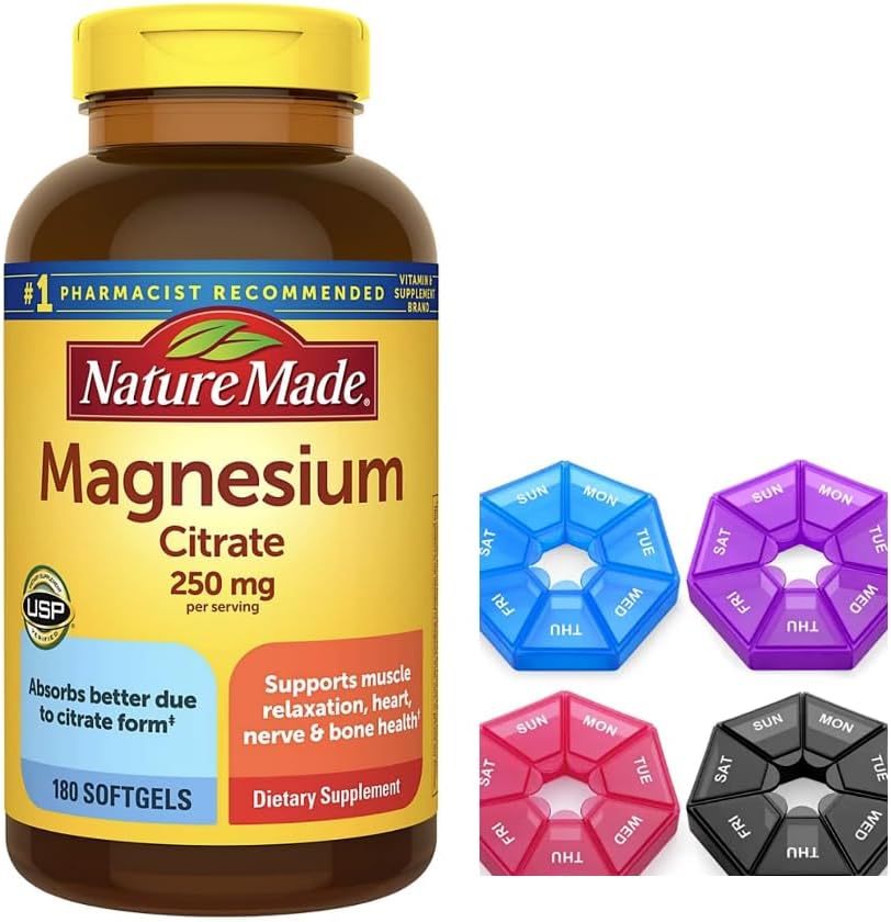 Nature Made Magnesium Citrate 250 mg per serving, Dietary Supplement for Muscle, Nerve, Bone and Heart Support, 180 Softgels, 90 Day Supply, includes Weekly Pill Organizer