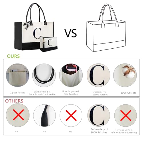 BeeGreen Mother's Day Gifts Personalized Women's Large White and Black Canvas Tote Bag, Embroidered Initials, Leather Handle, Zipper Closure