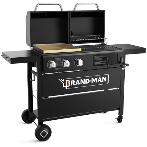 Brand-Man Griddle Grill Combo 6-Burner, 2 in 1 Versatile Propane Gas Grill and Griddle with Double Stainless Steel Lids, BBQ Combo for Outdoor Kitchen & Backyard Barbecue Cooking