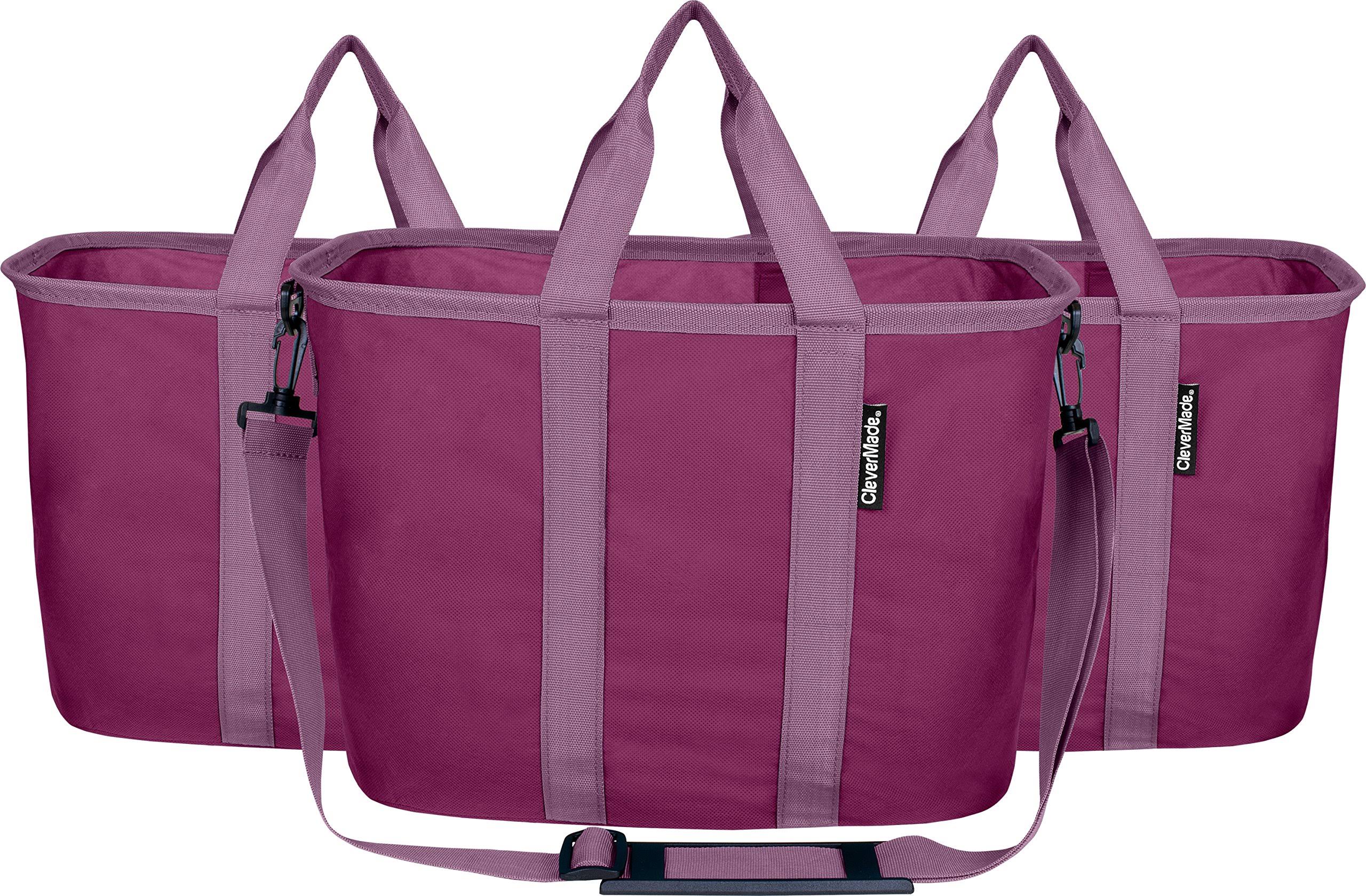 Clevermade 20L EcoBasket Grocery Tote Bags with Shoulder Strap, Plum (3 Pack)
