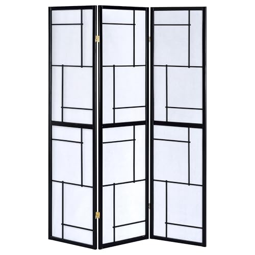 Coaster Home Furnishings - Damis - Solid Wood - 70-Inch 3-Panel Room Divider Folding Shoji Screen with White Paper Panels and Geometric Design - Living Room & Bedroom - Black and White - 900102