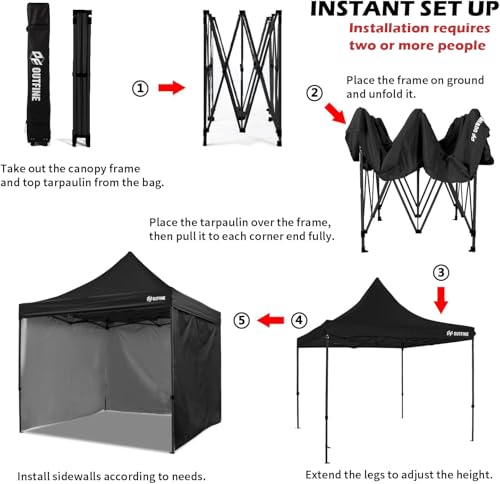 OUTFINE Heavy Duty Canopy 10x10 Pop Up Commercial Canopy Tent with 3 Side Walls Instant Shade, Bonus Upgrade Roller Bag, 4 Weight Bags, Stakes and Ropes (White, 10 * 10FT)