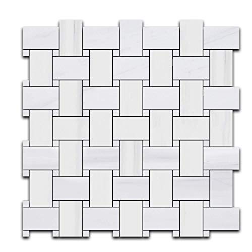 Bianco Dolomite Marble Basketweave Mosaic Tile with Bianco Dolomite Dots Polished - Jersey Tile Depot