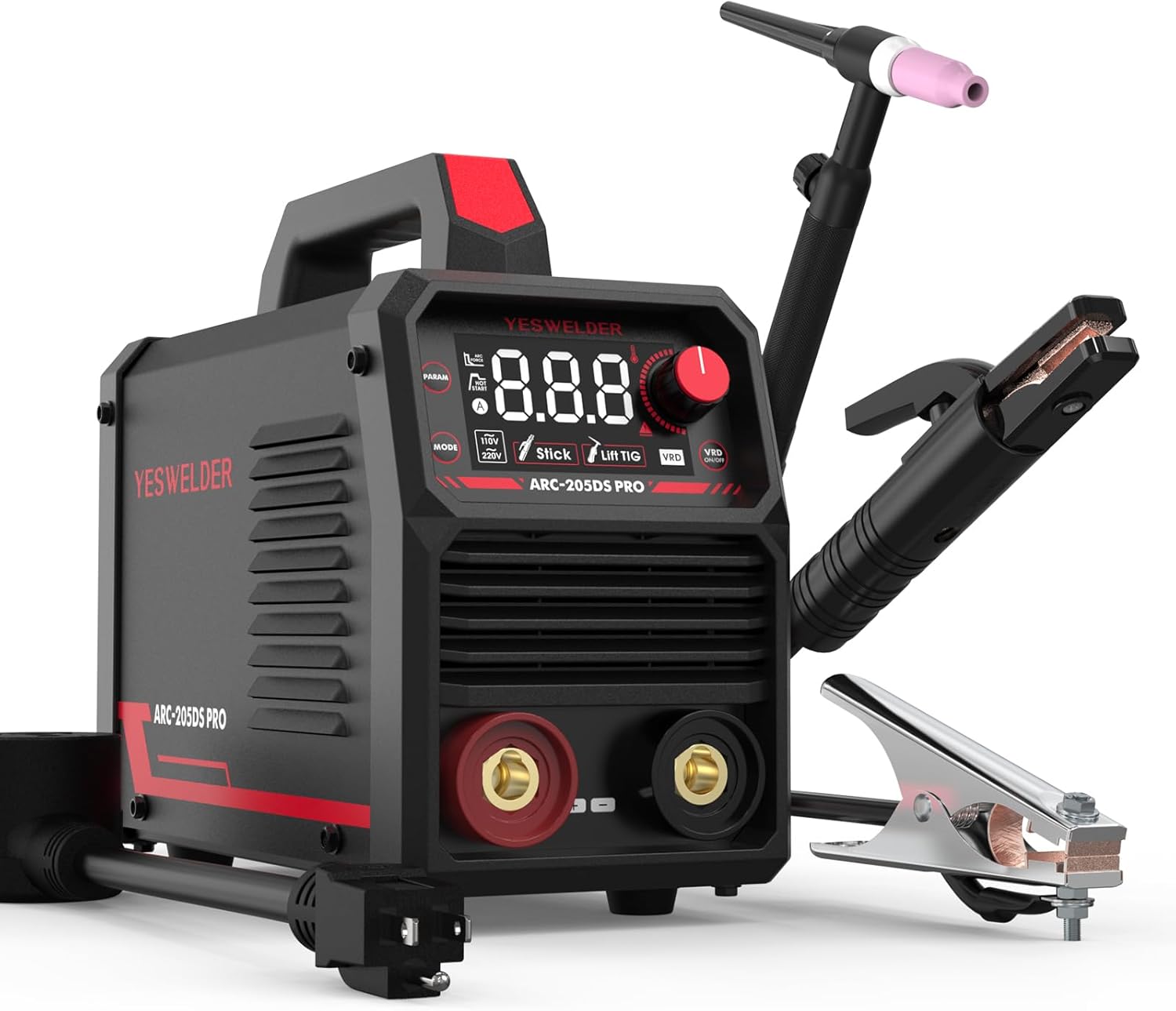 YESWELDER 205Amp Stick Welder with Lift TIG Torch, [Large LED Display] 110V/220V Dual Voltage Portable Welding Machine, Digital Inverter IGBT ARC Welder Machine with Hot Start, Arc force