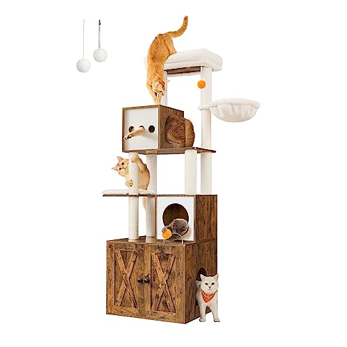 Feandrea Cat Tree with Litter Box Enclosure, 2-in-1 Modern Cat Tower, 70.8-Inch Tall Cat Condo with Scratching Posts, Perch, Caves, Basket, Washable Cushions, Heather Greige UPCT116G01