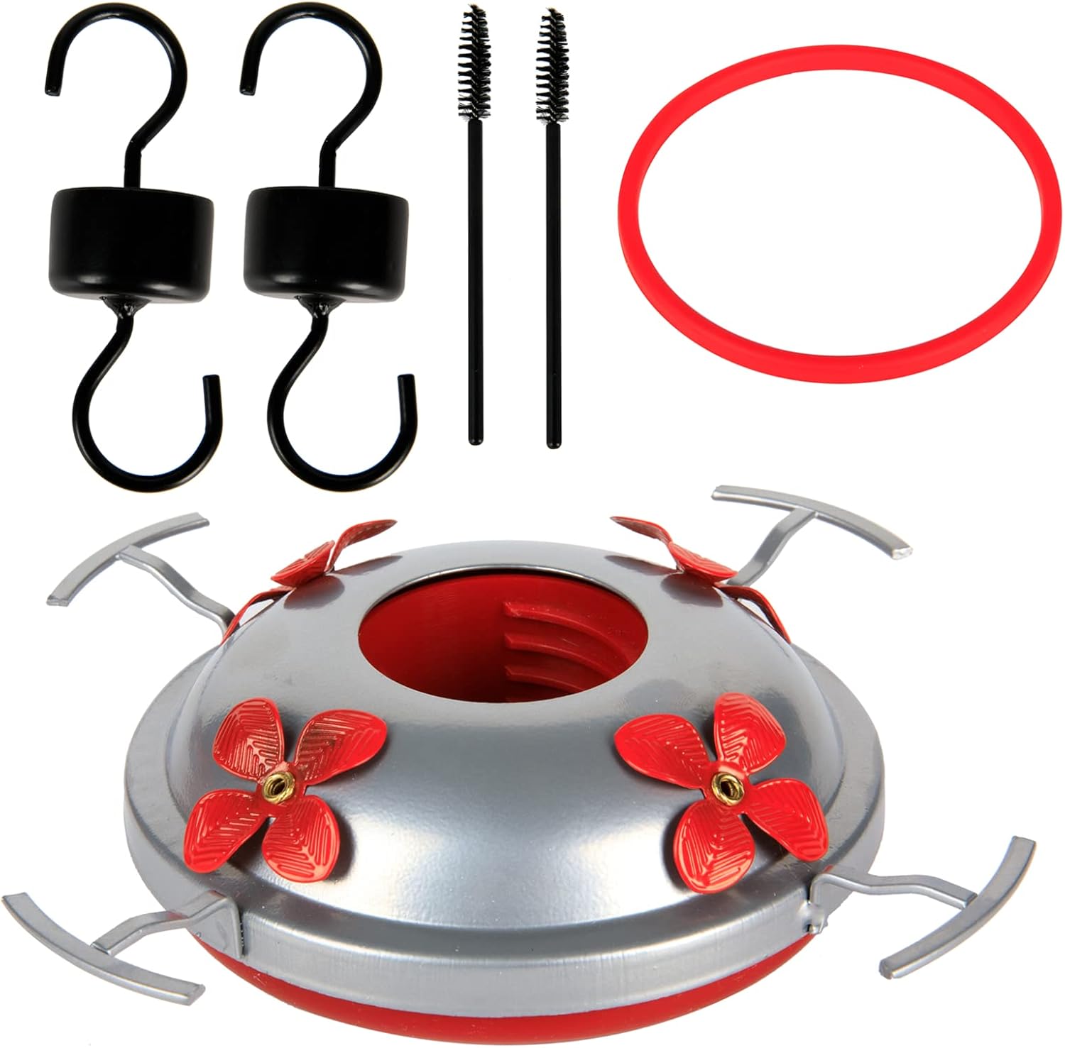 6 Pack Hummingbird Feeder Bottom Replacement Parts Base Set includes Feeder Base, 1 Pcs Replacement Seal Rings, 2 PCS Moat Hook and 2 Pcs Brushes