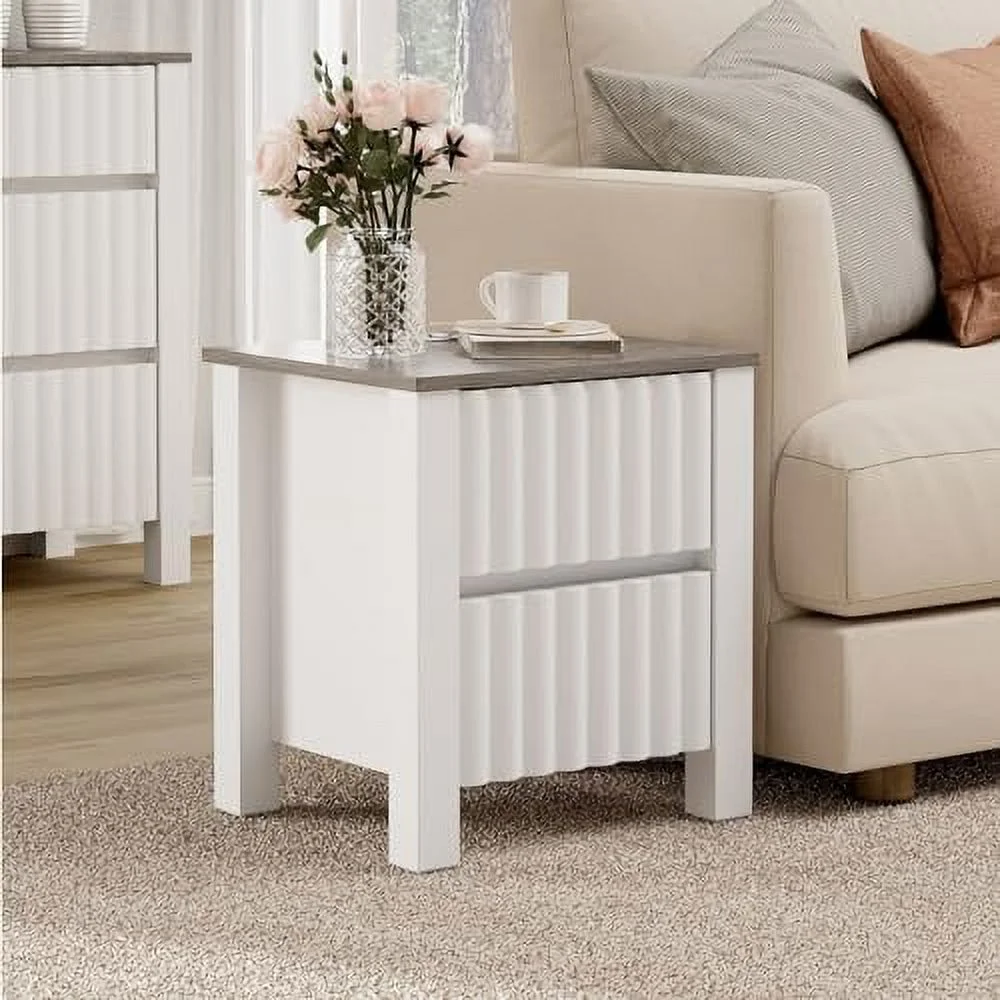 YZboomLife 2 Pack Modern End Sofa Table with Charging Station  White Wood End Table with Outlet&USB Ports  Farmhouse  with 2  Drawers for Living Room  Bedroomoom