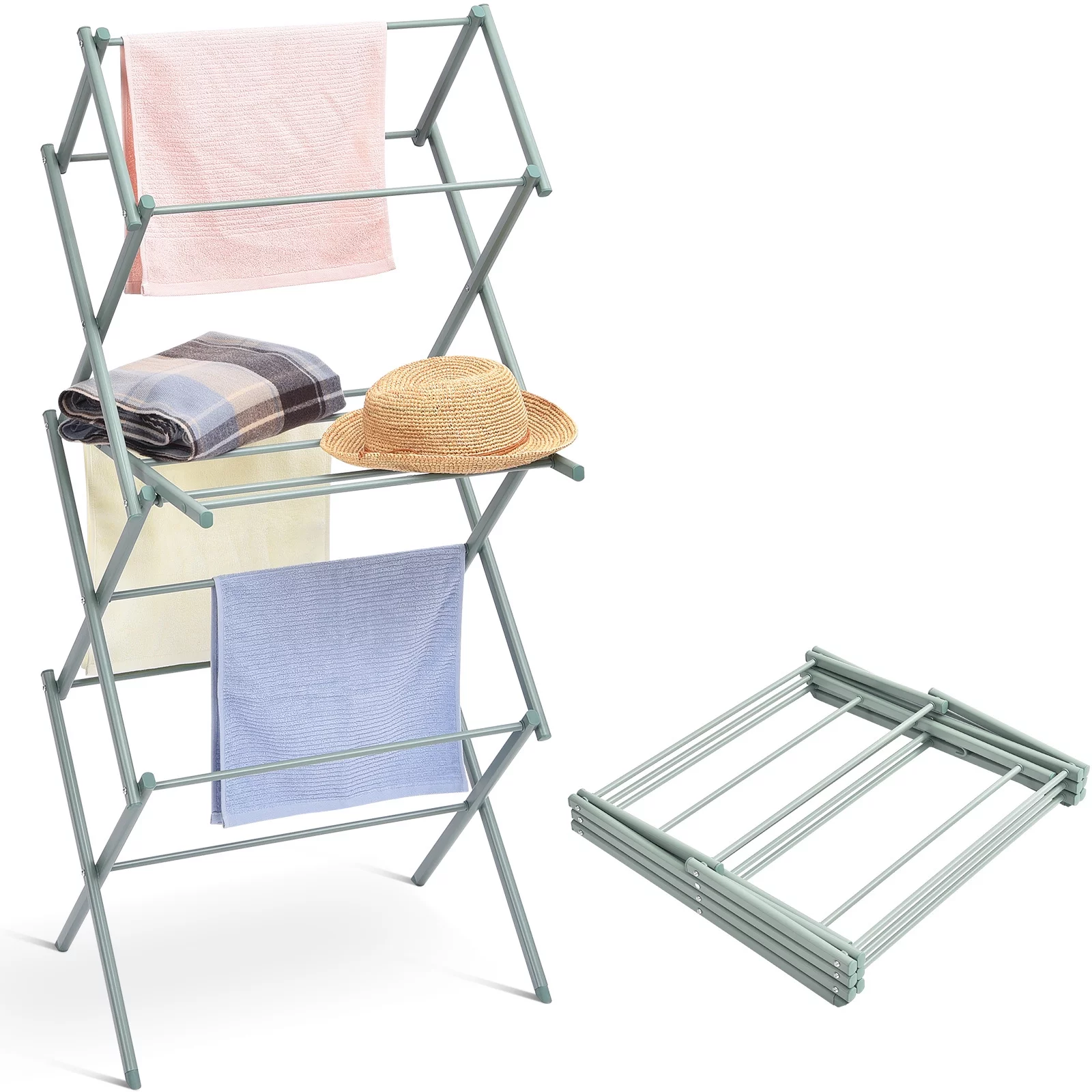 KK KINGRACK Clothes Drying Rack, 3-Tier Collapsible Steel Laundry Rack,Green