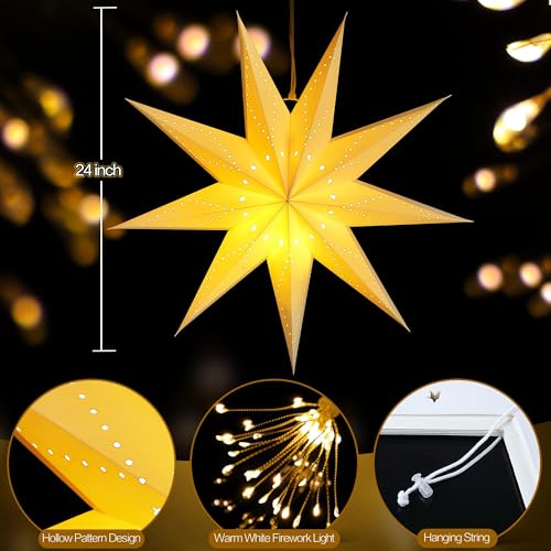 Hiboom 4 Pack Paper Star Lantern 24 Inch, 8 Mode 50 LEDs Firework Fairy String Lights, Nine Pointed Light up Hollow Out Star Hanging Decoration for Indoor Outdoor Room Wedding Christmas Party