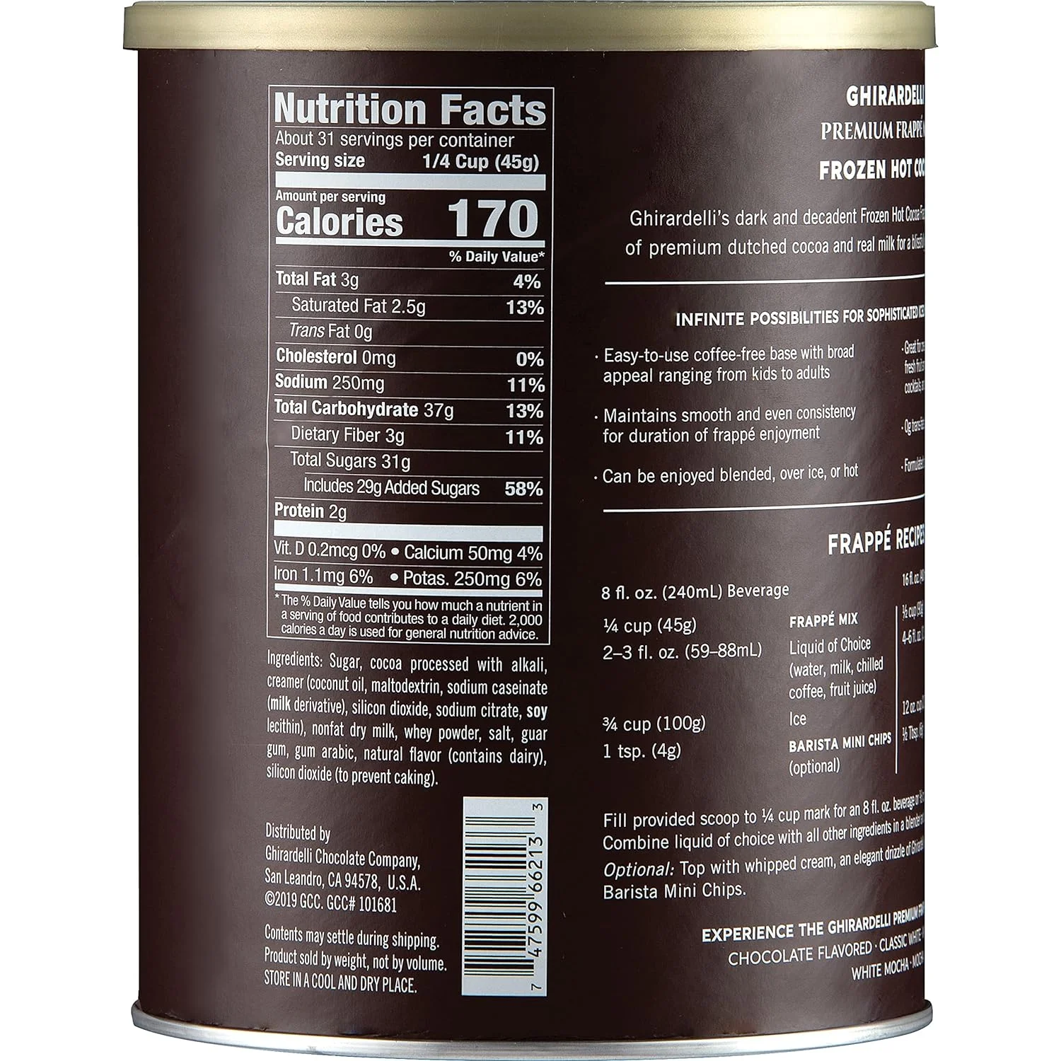 6 PACKS : Ghirardelli Frozen Hot Cocoa Can, 3.12 Pound