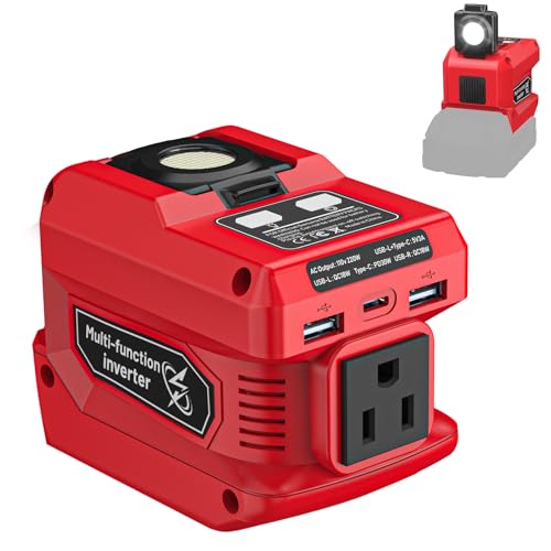 220W Power Inverter Compatible with Dewalt 20V Battery, DC 20V to AC 110V Portable Power Station with 1 AC Outlet, 2 USB Ports & 1 Type-C Fast Charging, 400LM LED Work Light