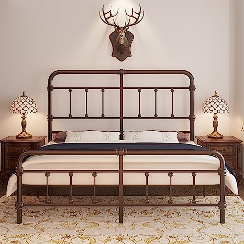 King-Size-Bed-Frame and headboard Giselle-Vintage Antique-Metal - Iron Platform Mattress Foundation,49 inch High,No Box Spring Needed(Black)