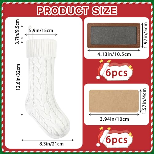 6 Pack Personalized Christmas Stockings, 18in Large Knitted Xmas Hanging Stocking Set Decoration with Leather Patches Custom Name for Holiday Christmas Family Decor (Red and White)