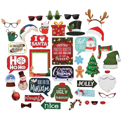Christmas Photo Booth Props - 41-pc Photobooth Kit with 8 x 10-Inch Sign, 60 Adhesive Pads, 45 Sticks - Christmas Photobooth Props - Holiday Photobooth Prop