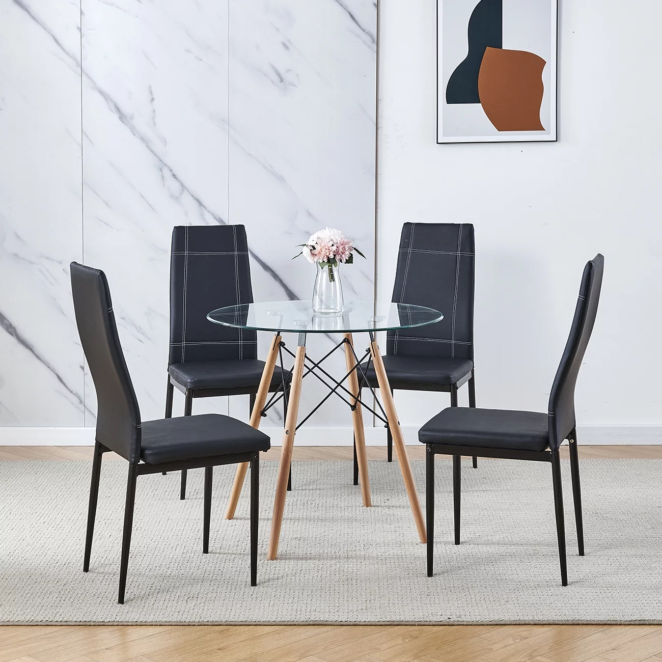 Set of 5 Dining Table Chair Set Round Glass Dining Table, Coffee Desk with 4 Beech Wood Legs 4 PU Leather Ergonomic Backrest Design Horizontal Line Kitchen Dining Room Cherked Black