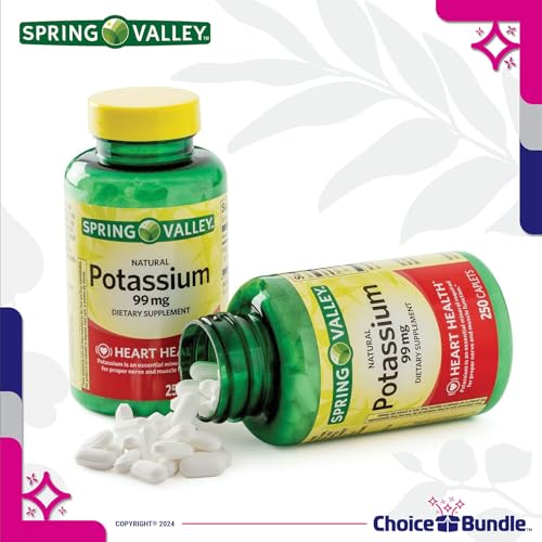 Spring Valley Potassium Heart Health Dietary Supplement Caplets 99 mg 250 CT 2 pk (500 Total) + “Vitamin Vitality” Guide & Keychain Pill Container (4 Items)!