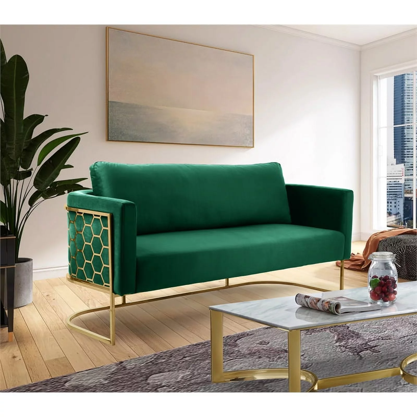 Meridian Furniture Casa Green Velvet Sofa with Gold Iron Metal Base
