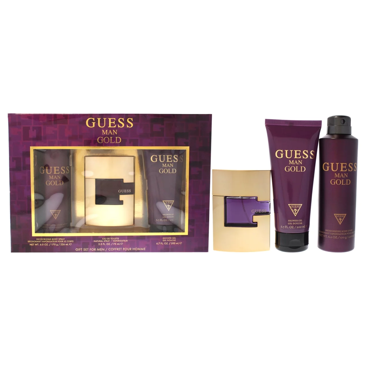Guess Gold by Guess for Men - 3 Pc Gift Set 2.5oz EDT Spray 6.0oz Deodorizing Body Spray 6.7oz Shower Gel