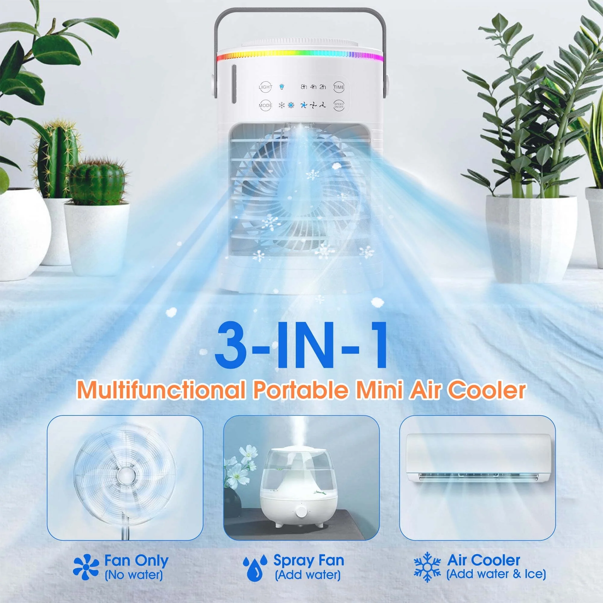Portable Air Conditioners,Evaporative Air Cooler,Wind Speeds & 2 Mist Modes,Mini Personal Air Conditioner Fan w/2-8H Timer & 7 Colors Light,Portable Air Conditioner for Room Office Desk Camping