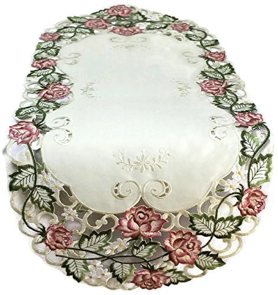 Doily Boutique Table Runner Embroidered with Victorian Pink Roses on Ivory Fabric, Size 44 x 15 inches
