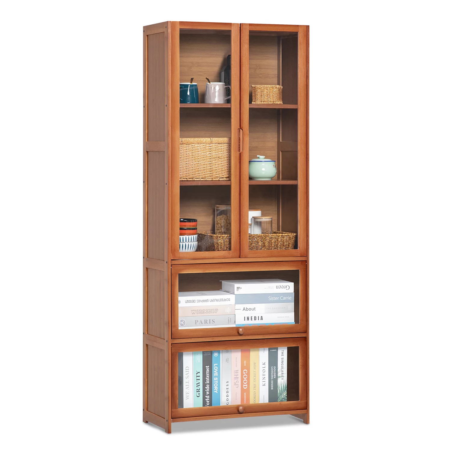 Magshion Bamboo 5 Tier Bookcase, Display Storage Cabinet with Acrylic Doors, Brown, for Living Room