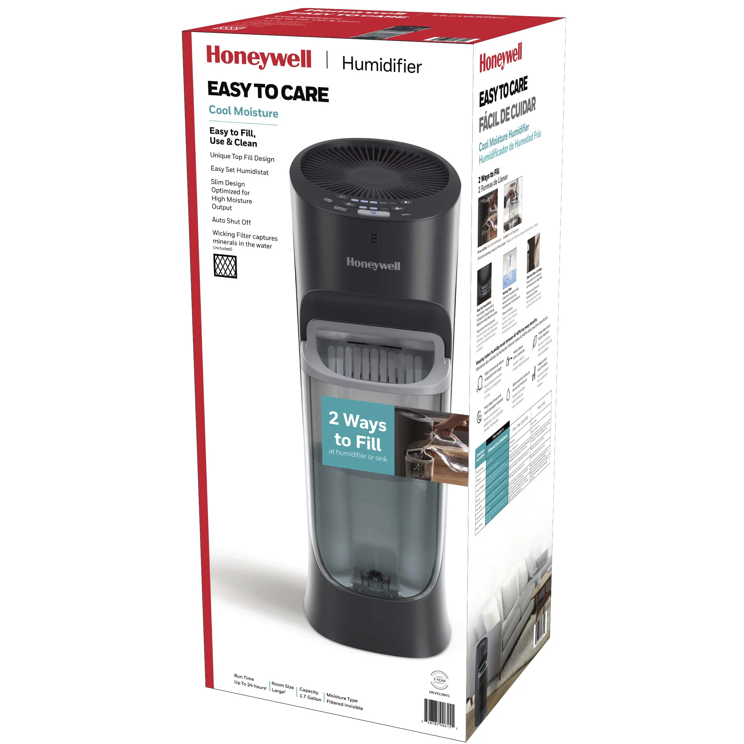 Honeywell 1.7 gal 500 sq ft Top Fill Cool Moisture Tower Humidifier with Humidistat Black, HEV615B