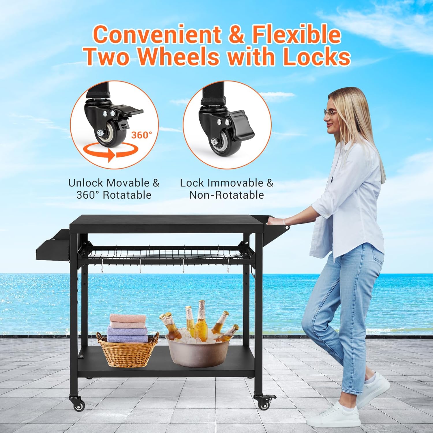 Outdoor Grill Cart, Pizza Oven Stand Table with Mesh Racks Dining Cart Table for Outside Patio, Movable Kitchen Cooking Prep Table BBQ Cart with Wheels for Home Party, Bar, Camping, Black