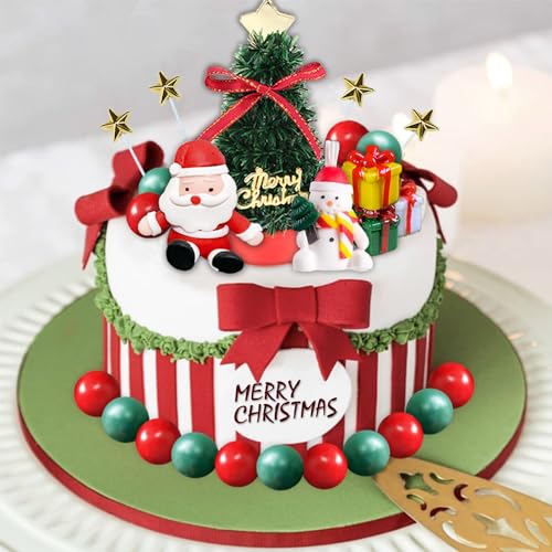 31pcs Christmas Cake Topper Merry Christmas Cupcake Toppers Santa Claus Cake Decoration with Balls Snowman Christmas Tree and Present Box for Xmas Theme Birthday Happy New Year Party