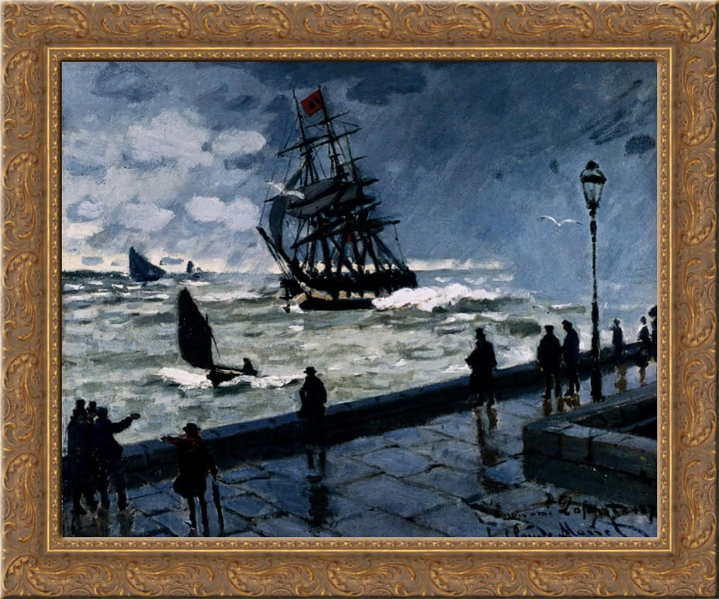 The Jetty at Le Havre, Bad Weather 24x20 Gold Ornate Wood Framed Canvas Art by Monet, Claude