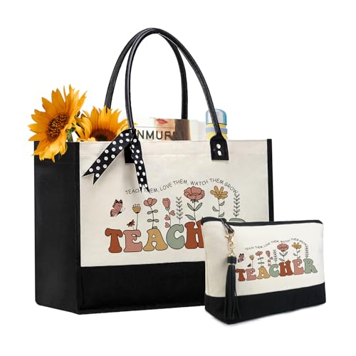 BeeGreen Mother's Day Gifts Personalized Women's Large White and Black Canvas Tote Bag, Embroidered Initials, Leather Handle, Zipper Closure