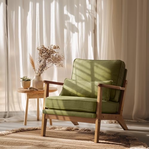 VINGLI Solid Wood Wide Armrests Accent Chair,Upholstered Mid Century Modern Chair with Pillow,Comfy Reading Chair Farmhouse Arm Chair,Chairs Living Room,Bedroom,Guest Room,Linen Fabric,Beige
