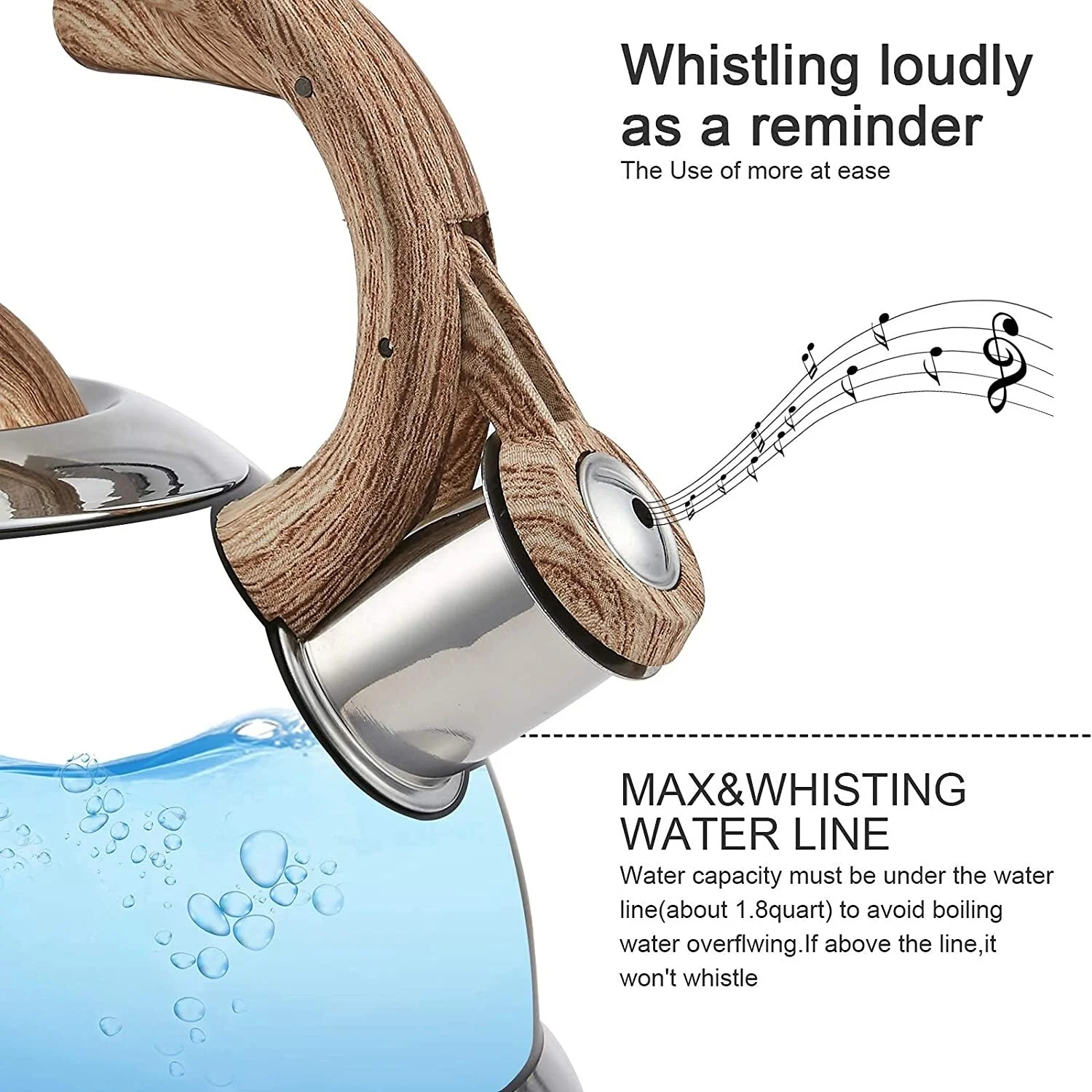 EVCO International Inc. Creative Home 2.3 Qt. Stainless Steel Whistling Tea Kettle with Ergonomic Wood Rubber Touching Handle, Opaque Black with