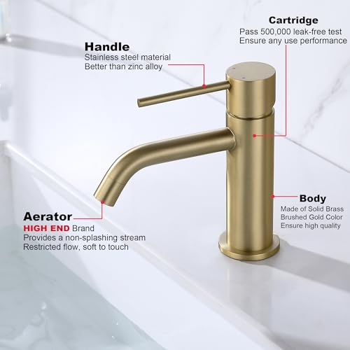 Brushed Gold Vessel Sink Faucet with Pop Up Drain and Supply Lines, Stainless Steel Gold Vanity Faucet Single Hole, JXMMP Single Handle Bathroom Faucet Gold, JXM1001BG