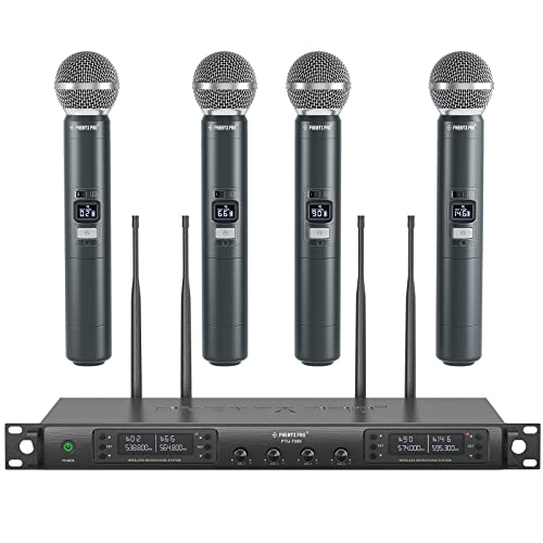 Phenyx Pro Wireless Microphone System, Quad Channel Wireless Mic, w/ 4x40 UHF Frequencies, Auto Scan, 328ft Long Range, 4 Handheld Dynamic Microphone for Singing, Church, Karaoke (PTU-7000-4H)