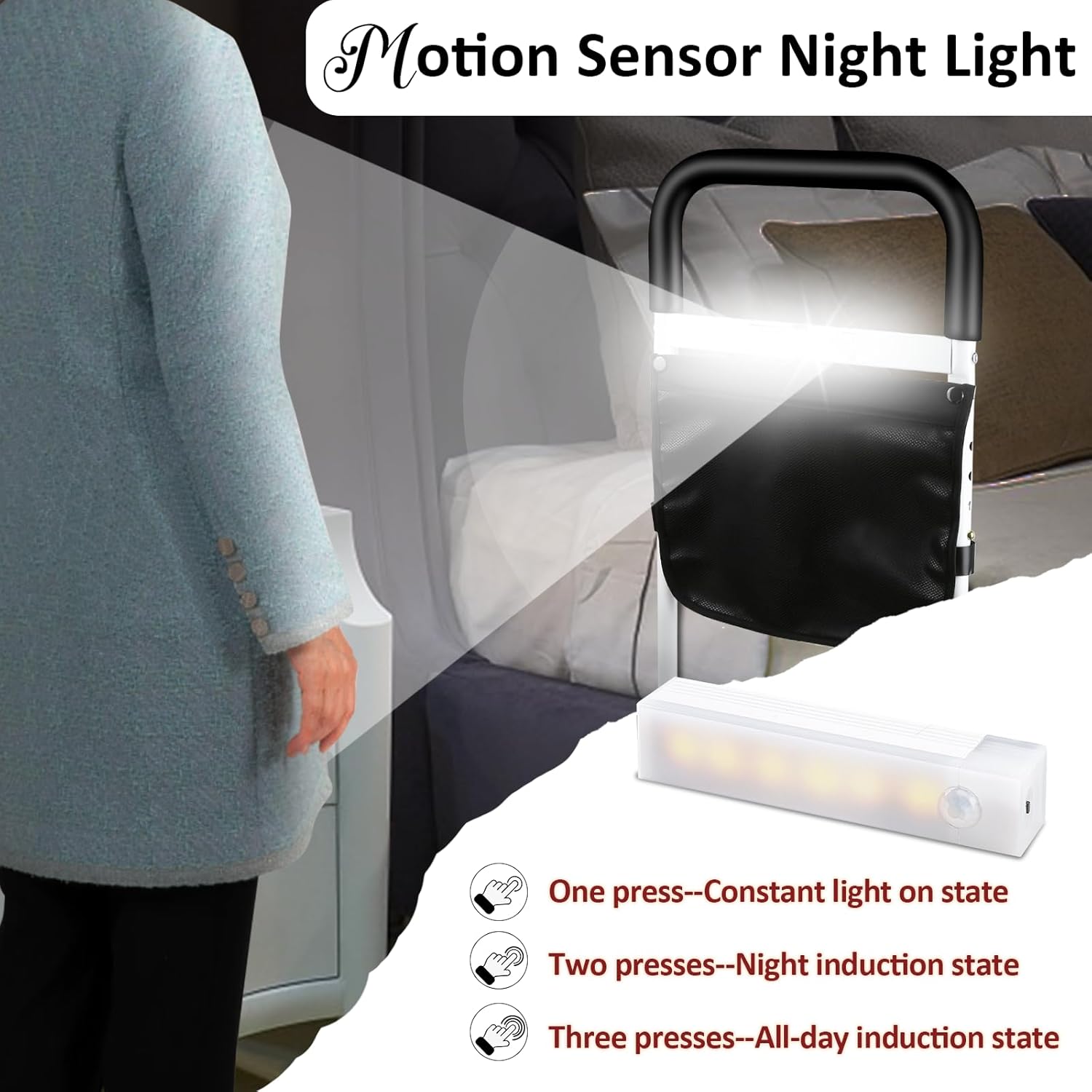 Bed Rails for Elderly Adults Safety with Motion Light Storage Pocket, Adjustable Heights Bed Cane Stable, Bedside Assist Bar Protects Seniors from Falling, Bed Assist Rails Fits Any Bed