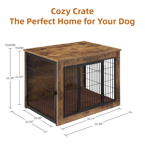 Dog Crate Furniture with Cushion, Wooden Kennel Furniture, 32