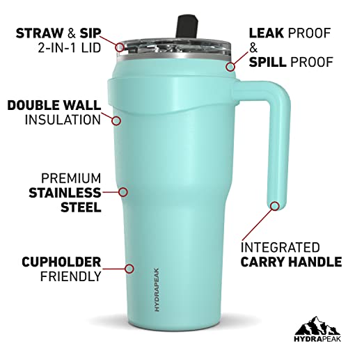 Hydrapeak Roadster 40oz Stainless Steel Tumbler Double Wall Vacuum Insulated Water Bottle With Handle And 2 in 1 Straw Lid (Aqua)