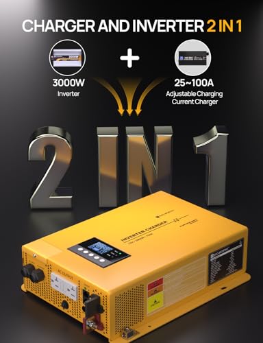 ECO-WORTHY 3000W 12V Pure Sine Wave Inverter Charger,2 in 1 Inverter/Battery Charger,12V DC to 120V AC Converter,25A~100A Adjustable Current Charge,UPS Mode(30ms) Ideal for Off Grid,RV,Home,Cabin