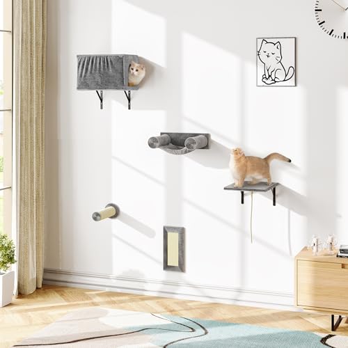 NUNU LAB 5-in-1 Wall-Mounted Cat Climber Set, Cats Wall Shelve, Wall-Mounted Cat Climbing Shelves, with House, Bridge, Steps, Scratcher, Hammock, Shelves (A-KM060)