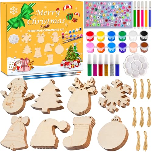 Christmas Craft Painting Kits, 48pcs Wooden Christmas Ornaments, Unfinished Paintable Blank Wood Slice with 8 Styles & Crafts Making Supplies, DIY Xmas Tree Decor Art Activity for Family Fun
