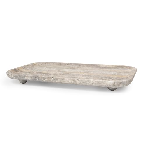Travertine Marble Footed Tray in White Marble or Silver Travertine – Available in Two Sizes. (White, Large)