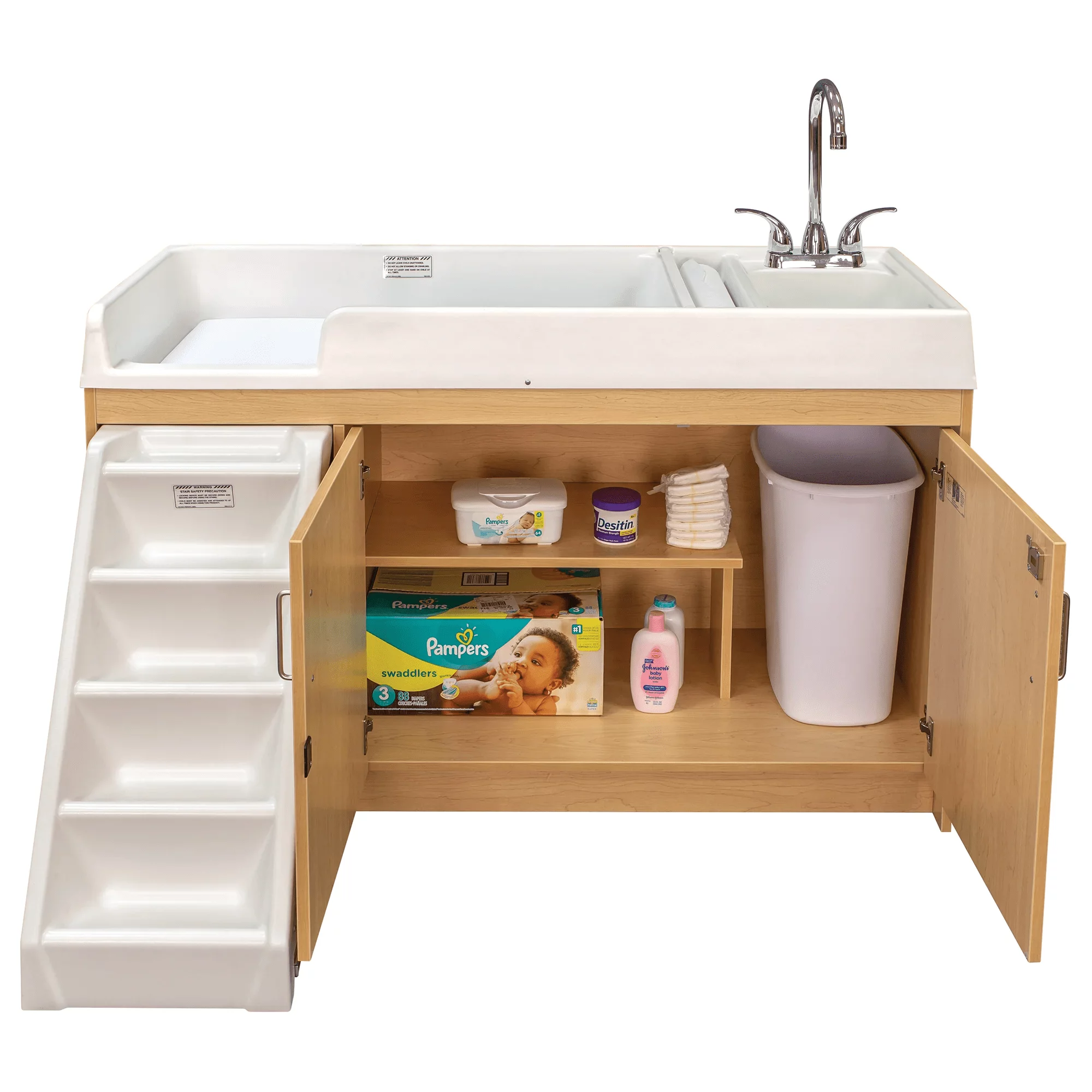Tot Mate Toddler Walk-Up Baby Changing Table with Sink and Steps, Nursery Furniture, Maple Wood