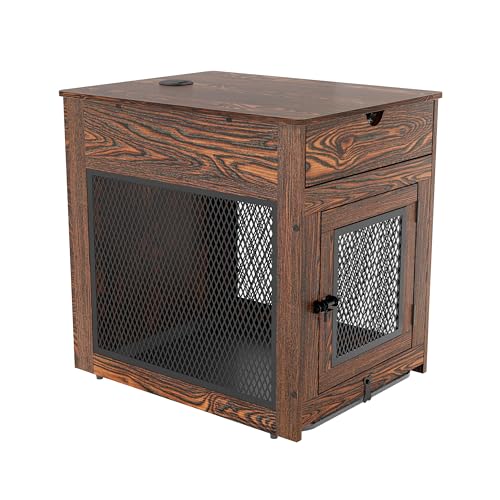 Piskyet Dog Crate Furniture,Wooden Dog Crate End Table with Storage Drawer&Cushion&Tray, QC3.0 Wireless Charging,Dual USB,Small Dogs Rustic Style