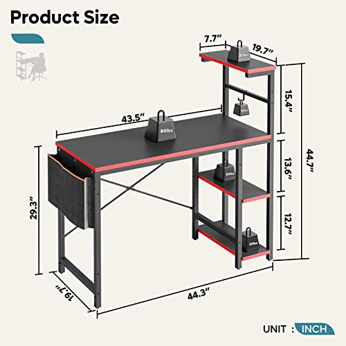 Bestier Gaming Desk with LED Lights, 51.3 Inch Computer Desk with 4 Tiers Reversible Shelves, Gamer Desk with Side Storage Bag, Hooks and Height Adjustable Shelf (Black Carbon Fiber)