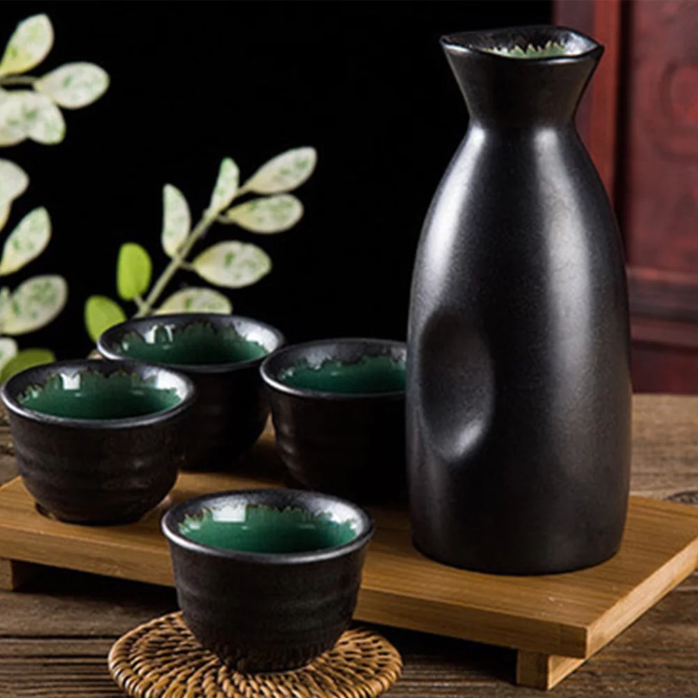 CoreLife Sake Set, Traditional 5-Piece Porcelain Ceramic Japanese Sake Set with Sake Serving Bottle and 4 Sake Cups Glossy Black / Green