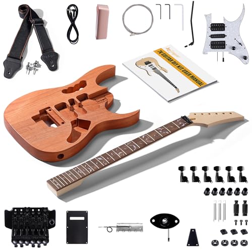 Leo Jaymz DIY Single Cut Electric Guitar Kits with Mahogany Body and Neck - Rosewood Fingerboard and All Components Included (LP Hollow)
