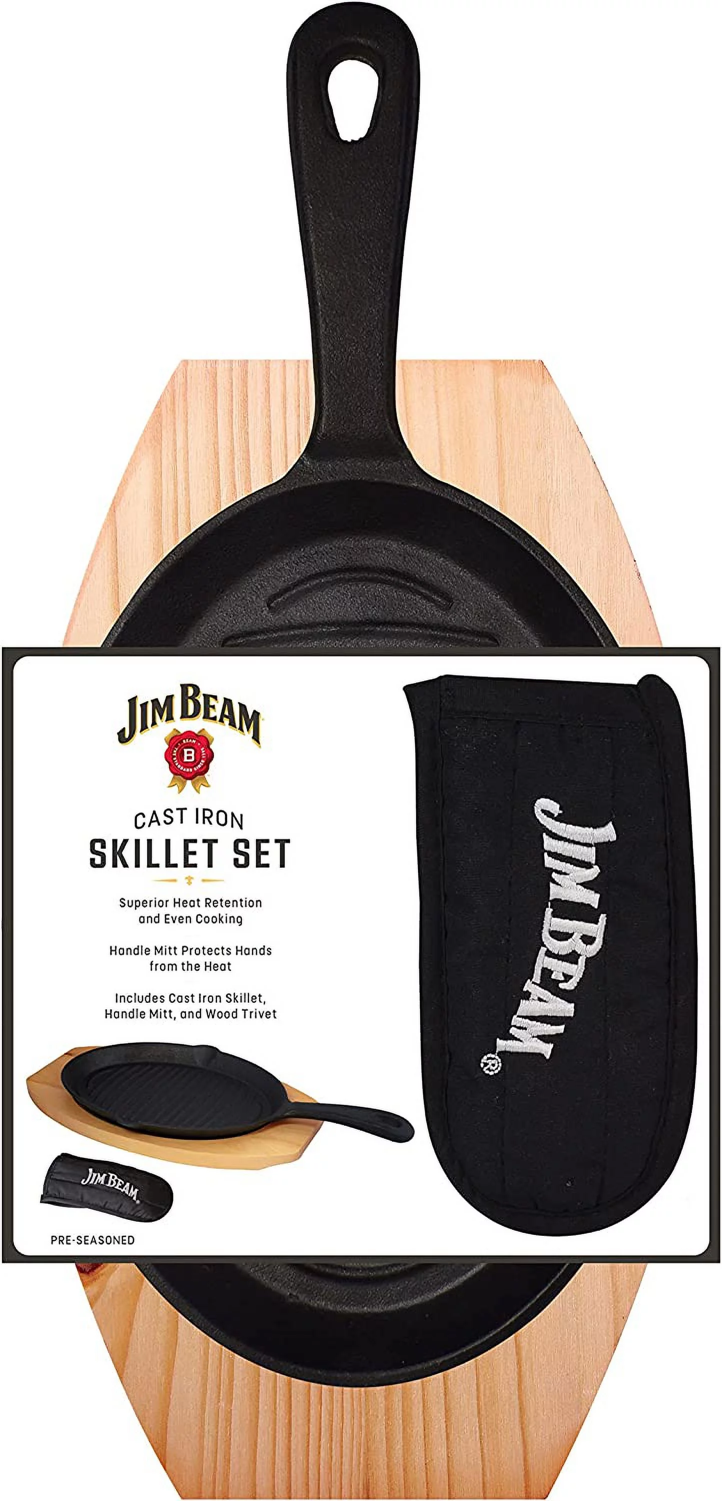 Jim Beam Jb0159 Cast Iron Skillet With Wooden Plate and Handle Cover